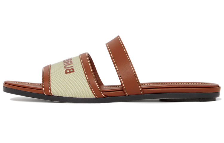 (W) Burberry Logo Print Leather and Canvas Slide 'Tan'