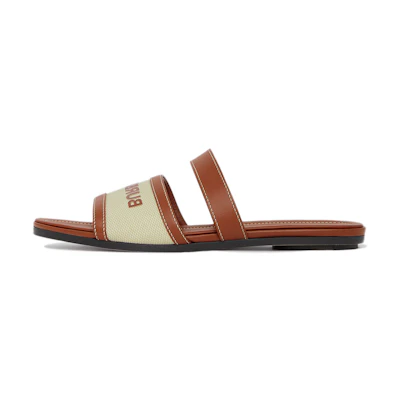 (W) Burberry Logo Print Leather and Canvas Slide 'Tan'