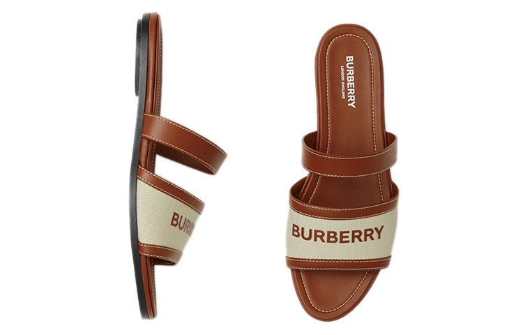 (W) Burberry Logo Print Leather and Canvas Slide 'Tan' 圖 4