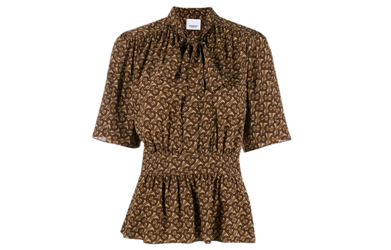 (Women) Burberry Logo Print Pleated Detail Short Sleeve Shirt Brown. 80241001