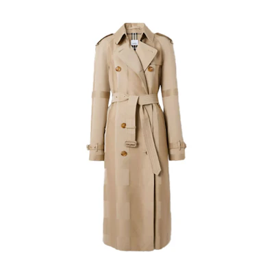 (Women) Burberry Long Gabardine Trench Coat in Honey Check Pattern. 80406641