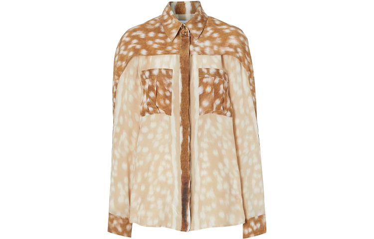 (Women) Burberry Loose Fit Long Sleeve Shirt with Deer Print Pocket - Khaki. 80241041