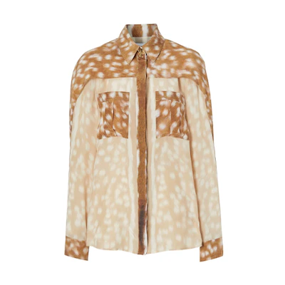 (Women) Burberry Loose Fit Long Sleeve Shirt with Deer Print Pocket - Khaki. 80241041