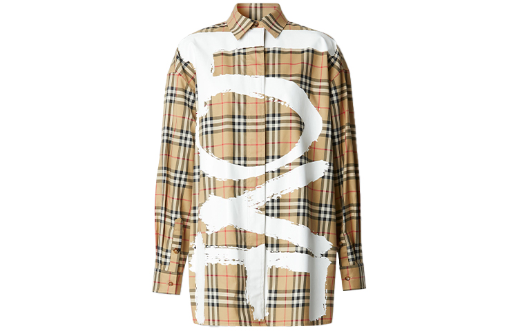 (Women) Burberry Loose Long-Sleeve Love Print Check Shirt Archive Beige 80381281