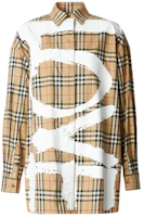 (Women) Burberry Loose Long-Sleeve Love Print Check Shirt Archive Beige 80381281 (Women) Burberry Loose Long-Sleeve Love Print Check Shirt Archive Beige 80381281