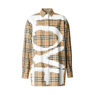 (Women) Burberry Loose Long-Sleeve Love Print Check Shirt Archive Beige 80381281