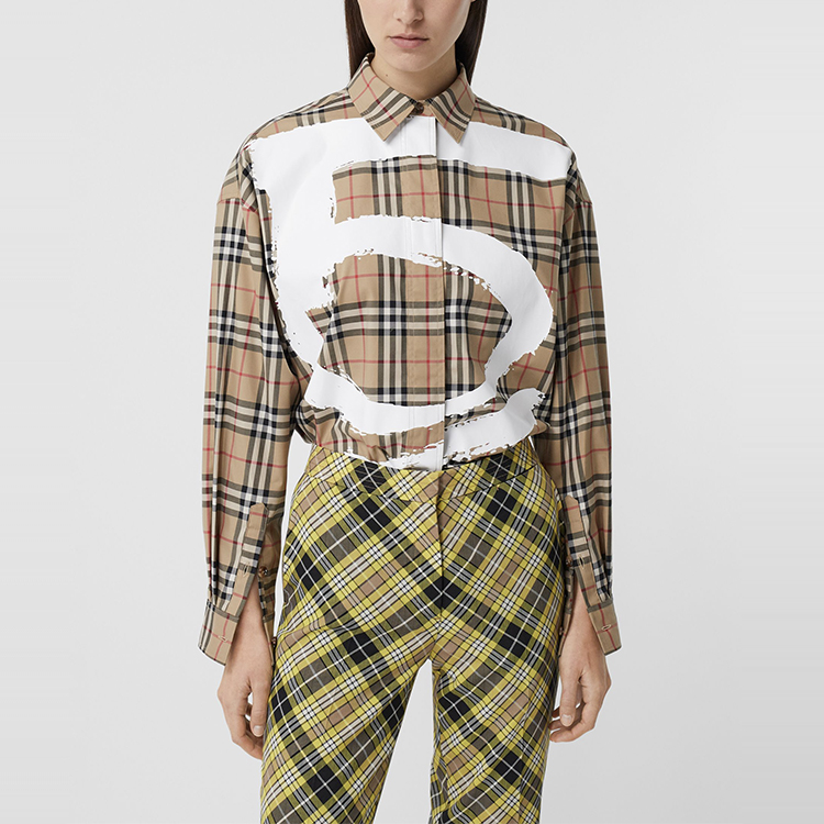 (Women) Burberry Loose Long-Sleeve Love Print Check Shirt Archive Beige 80381281 圖 3