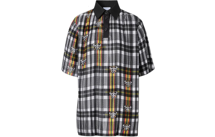 (Women) Burberry Monogram Check Pleated Short-Sleeve Polo Shirt Black 80379311