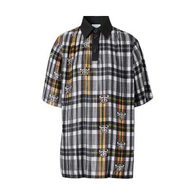(Women) Burberry Monogram Check Pleated Short-Sleeve Polo Shirt Black 80379311