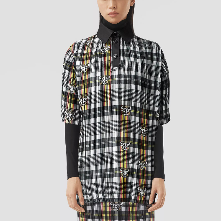 Shop (W) 博柏利格纹褶皱短袖POLO衫黑色款 80379311