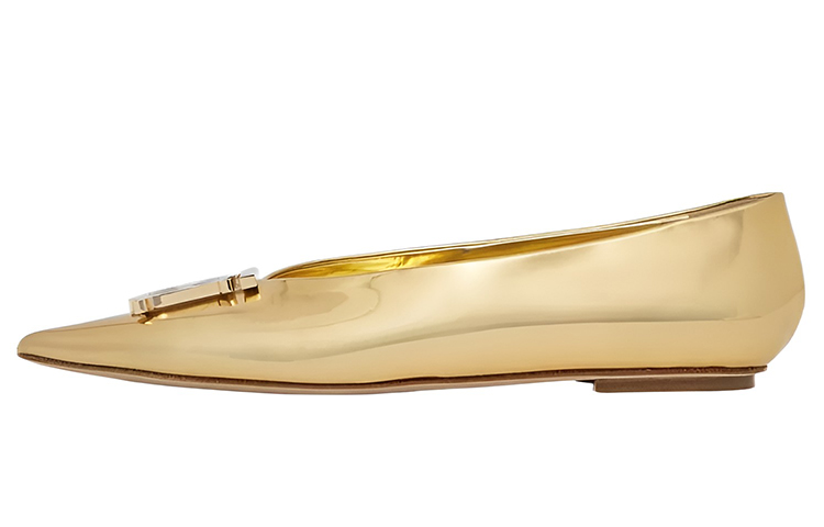 (W) Burberry Motif 'Metallic Leather Gold Ballet Flats'