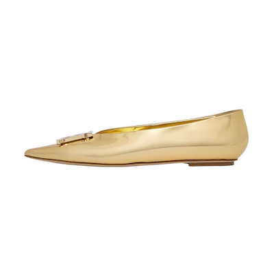 (W) Burberry Motif 'Metallic Leather Gold Ballet Flats'