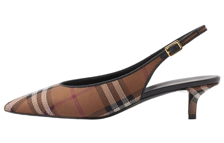 (W) Burberry Nylon Check Slip-On Round Toe High Heels 'Deep Brown'