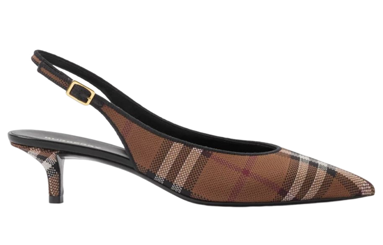 (W) Burberry Nylon Check Slip-On Round Toe High Heels 'Deep Brown' 圖 2