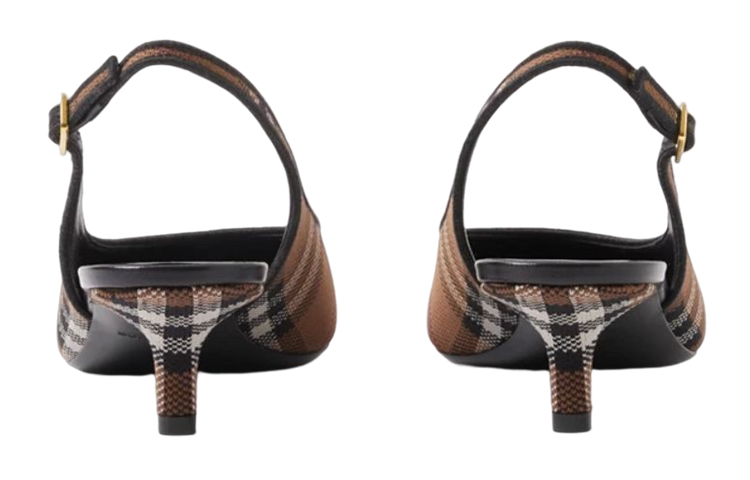 (W) Burberry Nylon Check Slip-On Round Toe High Heels 'Deep Brown' 圖 5