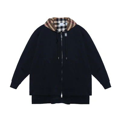 (Women) Burberry Oversized Hooded Jacket with Plaid Hem - Black. 80410711