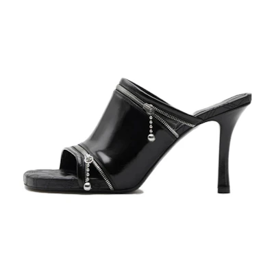 (W) Burberry Peep 'Black Leather Slides'