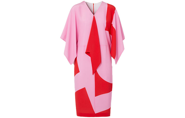 Order (W) Burberry Gaun Crepe Merah Jambu V-Leher Lengan Pendek. 80468021