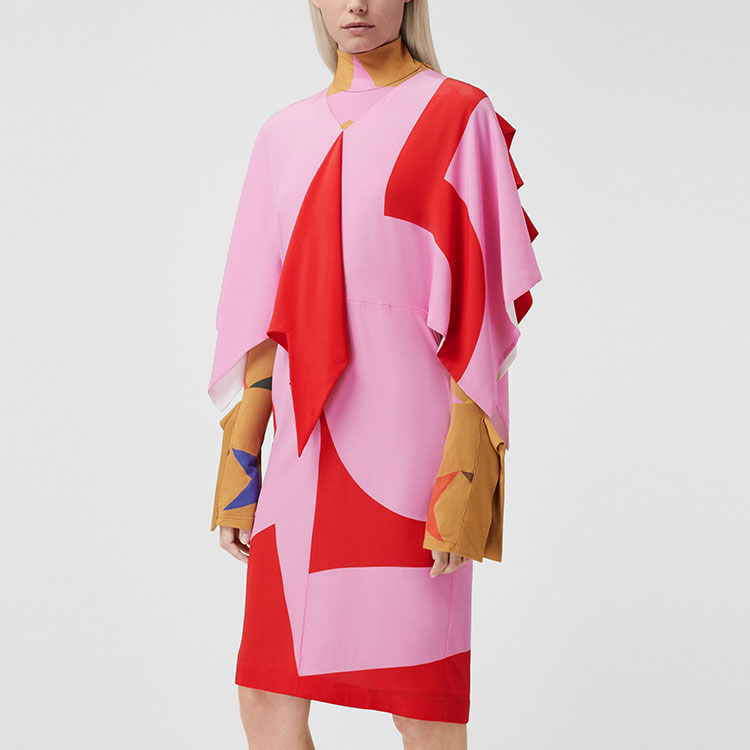 Shop (W) Burberry Gaun Crepe Merah Jambu V-Leher Lengan Pendek. 80468021