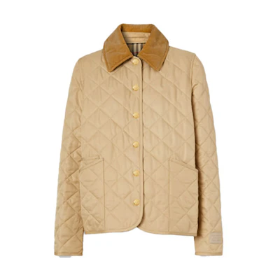 (Women) Burberry Quilted Check Jacket with Corduroy Collar in Soft Fawn Brown. 80382441