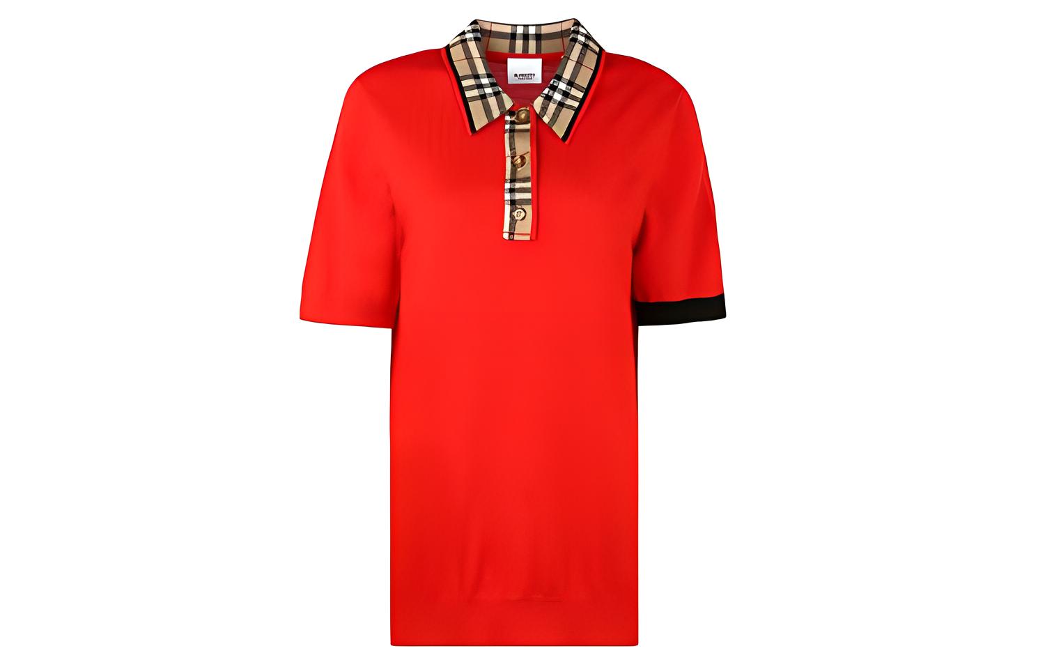 (Women) Burberry Red Short-Sleeve Polo Shirt with Checked Trim Collar 80238911