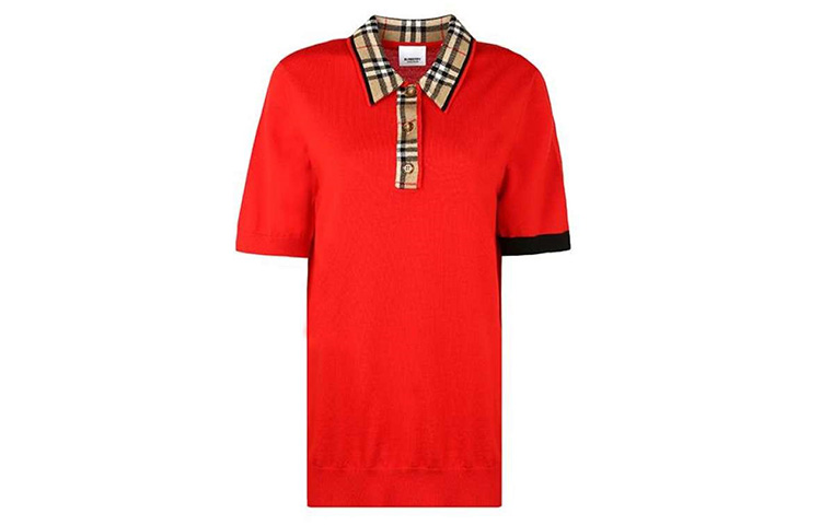 Order (W) Burberry 紅色短袖Polo衫搭配經典格紋領口裝飾 80238911
