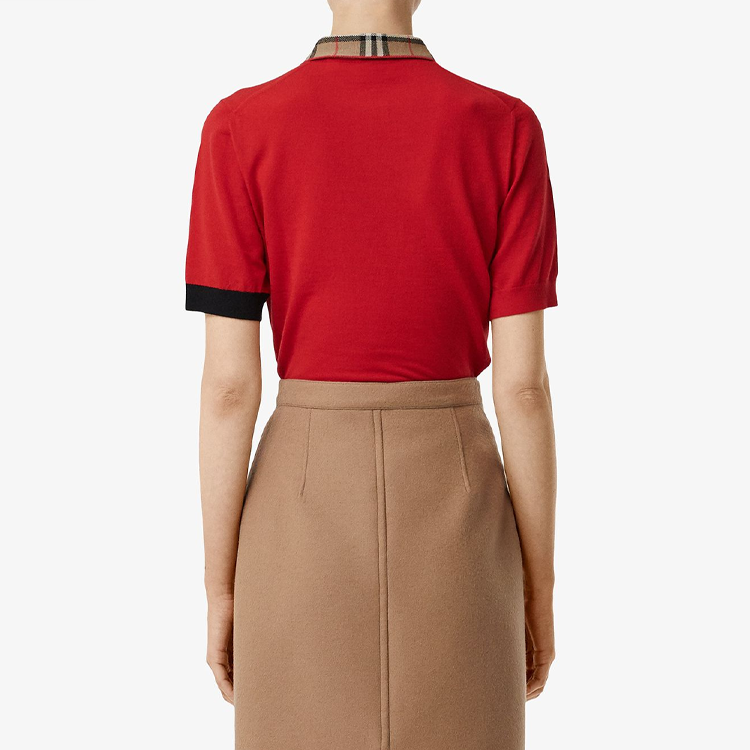 Sizing (W) Burberry 紅色短袖Polo衫搭配經典格紋領口裝飾 80238911
