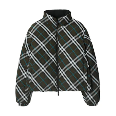(Women) Burberry Reversible Check Nylon Puffer Jacket Green Down-Filled Coat. 80961311
