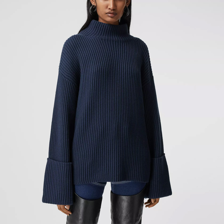 (Women) Burberry Ribbed Knit Cotton-Blend Cashmere Sweater in Dark Blue 80391721 圖 4
