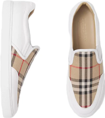 Burberry 巴寶麗 皮革與復古格紋套穿式運動鞋 女款 米白色 Order Burberry 巴寶麗 皮革與復古格紋套穿式運動鞋 女款 米白色