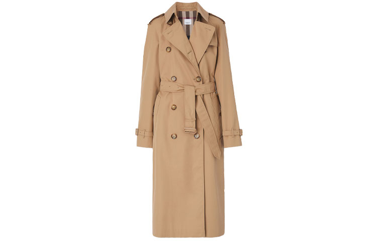 (Women) Burberry Solid Color Check Trench Coat Beige Long Sleeve. 80509131