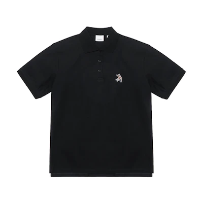 (Women) Burberry Solid Color Deer Embroidery Straight Fit Polo Shirt - Black 80295761