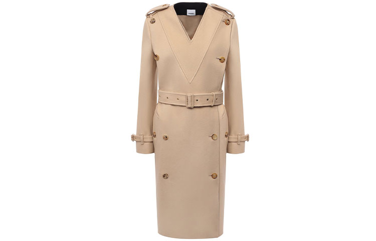 (Women) Burberry Solid Color V-Neck Mid-Length Velvet Coat Beige 80466781