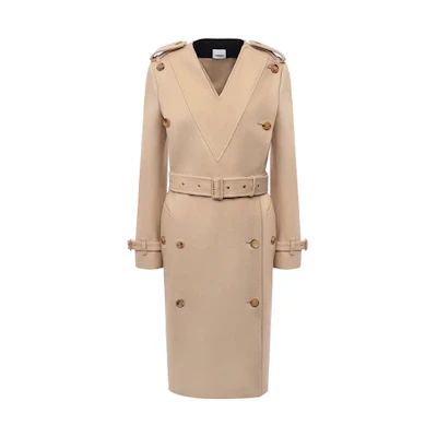 (Women) Burberry Solid Color V-Neck Mid-Length Velvet Coat Beige 80466781