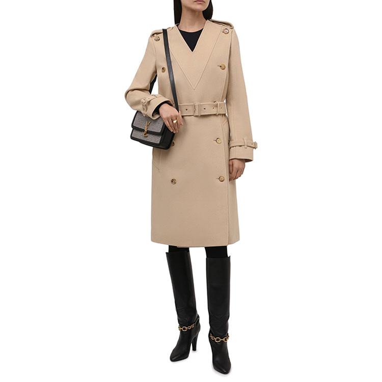 (Women) Burberry Solid Color V-Neck Mid-Length Velvet Coat Beige 80466781 圖 3