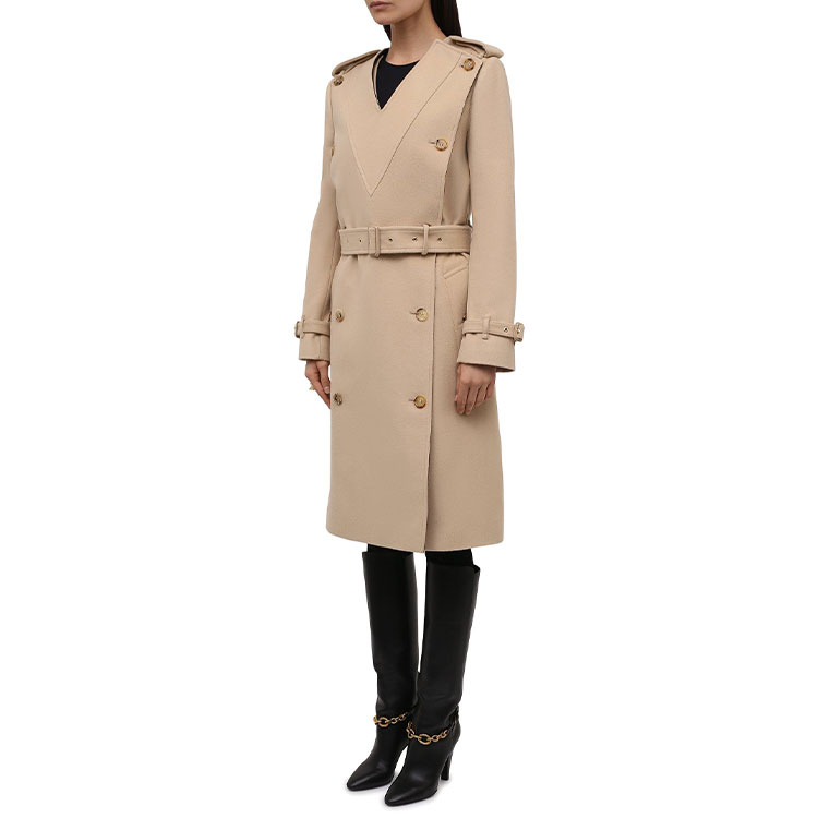 (Women) Burberry Solid Color V-Neck Mid-Length Velvet Coat Beige 80466781 圖 5