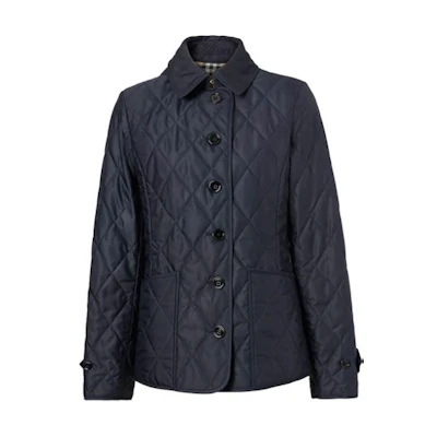 (Women) Burberry Solid Navy Blue Cotton Jacket with Turn-down Collar. 80342481