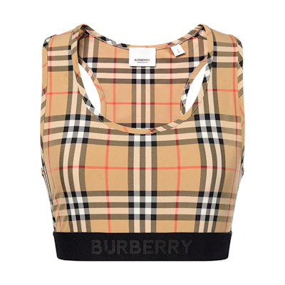 (Women) Burberry Sporty Top Vintage Check Beige Elastic Sports Bra 80124511