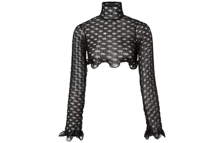 (Women) Burberry SS21 Black Sheer Ruffle High Neck Long Sleeve Crop Top 45677441