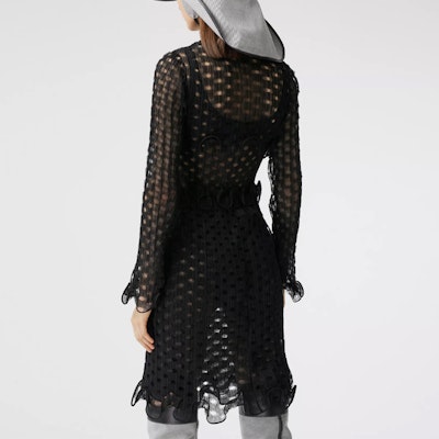 (W) Burberry SS21 黑色透視荷葉邊高領長袖短版上衣 45677441 Details for (W) Burberry SS21 黑色透視荷葉邊高領長袖短版上衣 45677441