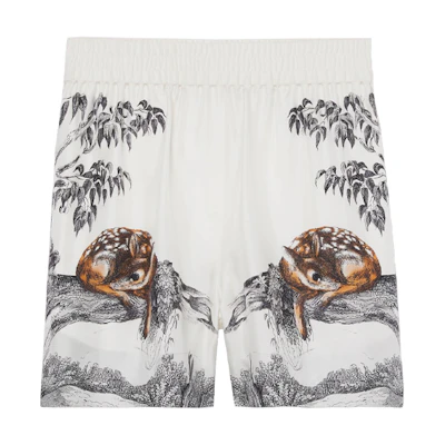 (Women) Burberry SS21 Deer Sketch Print Silk Shorts Women’s Light Walnut. 80433471