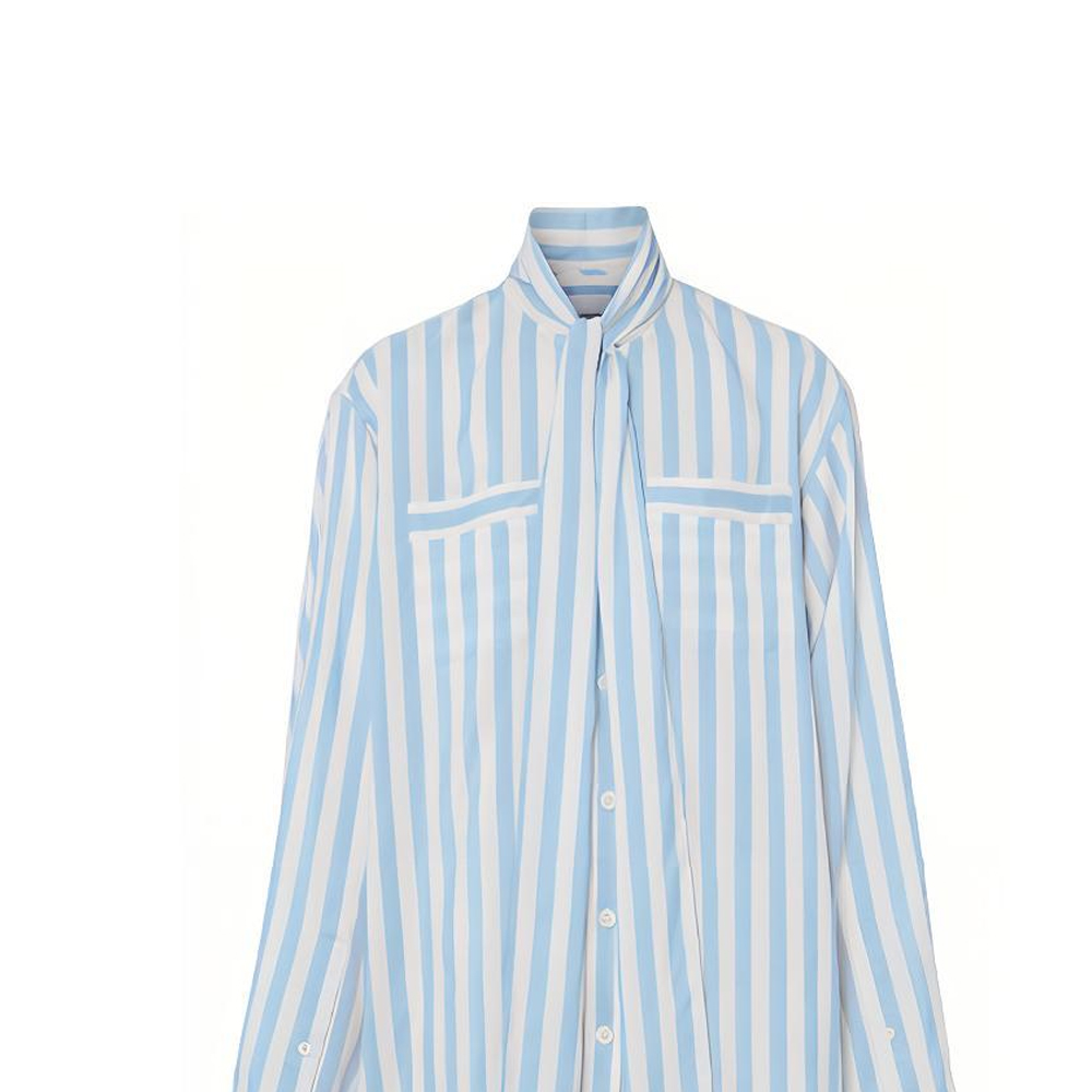 (Women) Burberry SS21 Long-Sleeve Shirt with Striped Silk Tie Collar in Cobalt Blue. 80417021 圖 6
