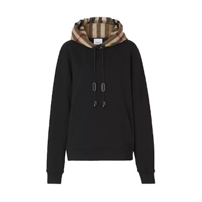 (Women) Burberry SS21 Loose-Fit Check Cotton Hoodie Black. 80509511