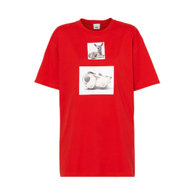 (Women) Burberry SS21 Red Oversized Deer Print T-Shirt 45605191