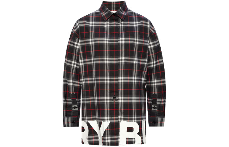 (Women) Burberry SS21 Red Plaid Long Sleeve Shirt with Logo Print. 80381441