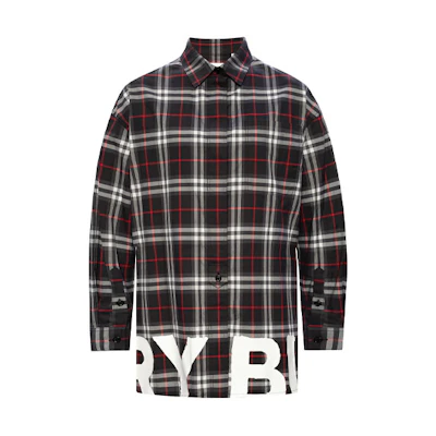 (Women) Burberry SS21 Red Plaid Long Sleeve Shirt with Logo Print. 80381441
