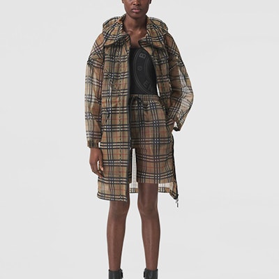 (Women) Burberry SS21 Vintage Check Mesh Hooded Coat - Archive Beige. 80428661 Shop (Women) Burberry SS21 Vintage Check Mesh Hooded Coat - Archive Beige. 80428661