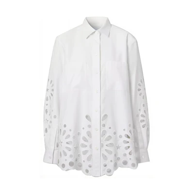 (Women) Burberry SS21 White Cotton Long Sleeve Shirt with English Embroidery 80416071