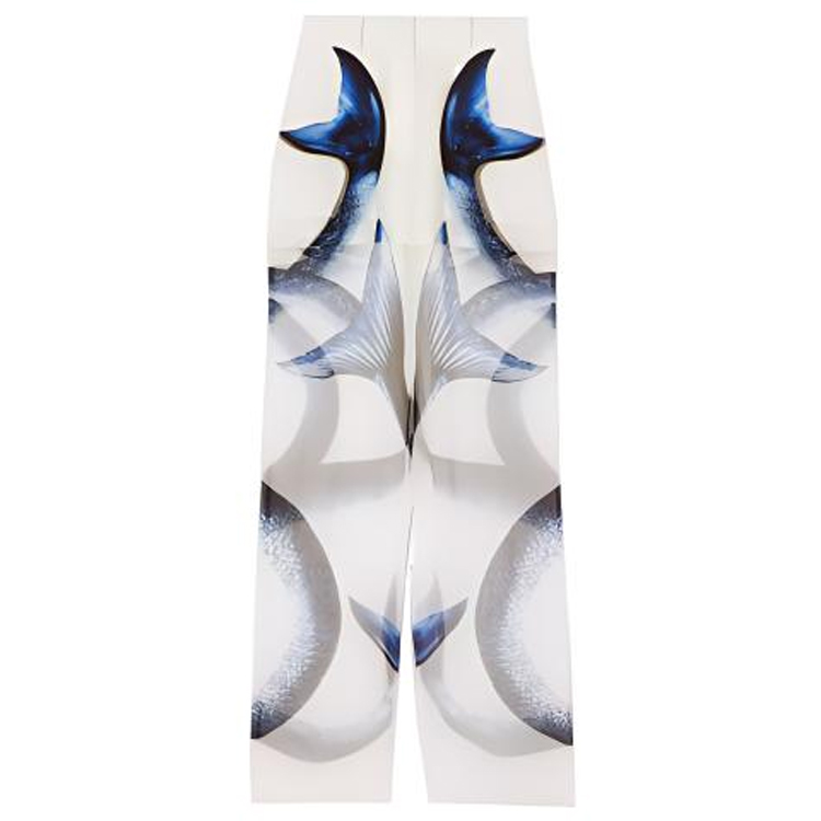 (Women) Burberry SS21 White Mermaid Print Chiffon Silk Trousers 45677291