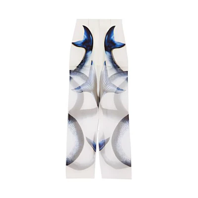 (Women) Burberry SS21 White Mermaid Print Chiffon Silk Trousers 45677291